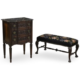 FRENCH M/T COMMODE AND NEEDLEPOINT BENCH