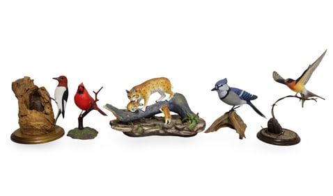 5PC LOT WOOD AND PORCELAIN ANIMALIA, INCL. BOEHM