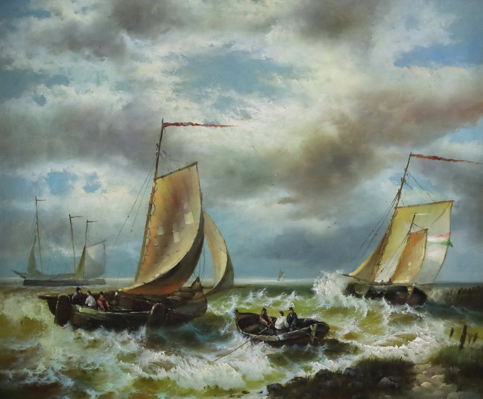 OIL ON CANVAS SEASCAPE PAINTING: Oil on canvas seascape painting depicting boats in rough waves, signed S. Keefe lower right, mounted in giltwood frame, 20th century; 29.5"H 33"W overall 20"H 24"W canvas