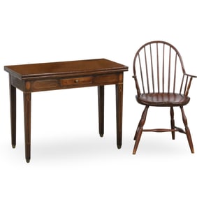AMERICAN INLAID GAME TABLE AND WINDSOR ARMCHAIR