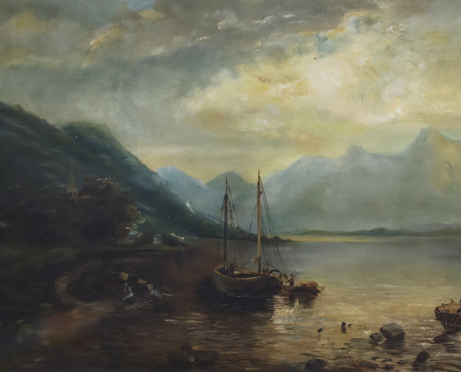 OIL ON CANVAS COASTAL SCENE PAINTING: Oil on canvas coastal scene painting, unsigned, mounted in giltwood frame, 20th century; canvas 18"H 28"W overall 27"H 37"W