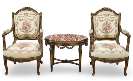 PR FRENCH ARMCHAIRS AND MARBLE TOP LOW TABLE