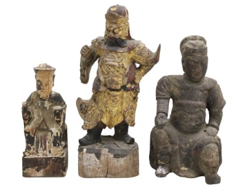 3PC CHINESE WOOD AND POLYCHROME TEMPLE FIGURES