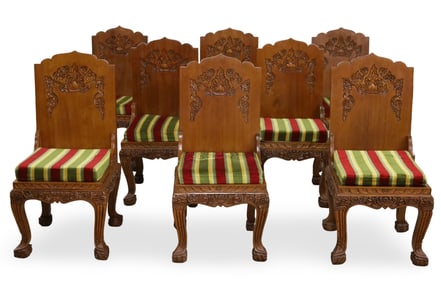 8 CARVED WOOD SIDE CHAIRS WITH FIGURAL SCENES