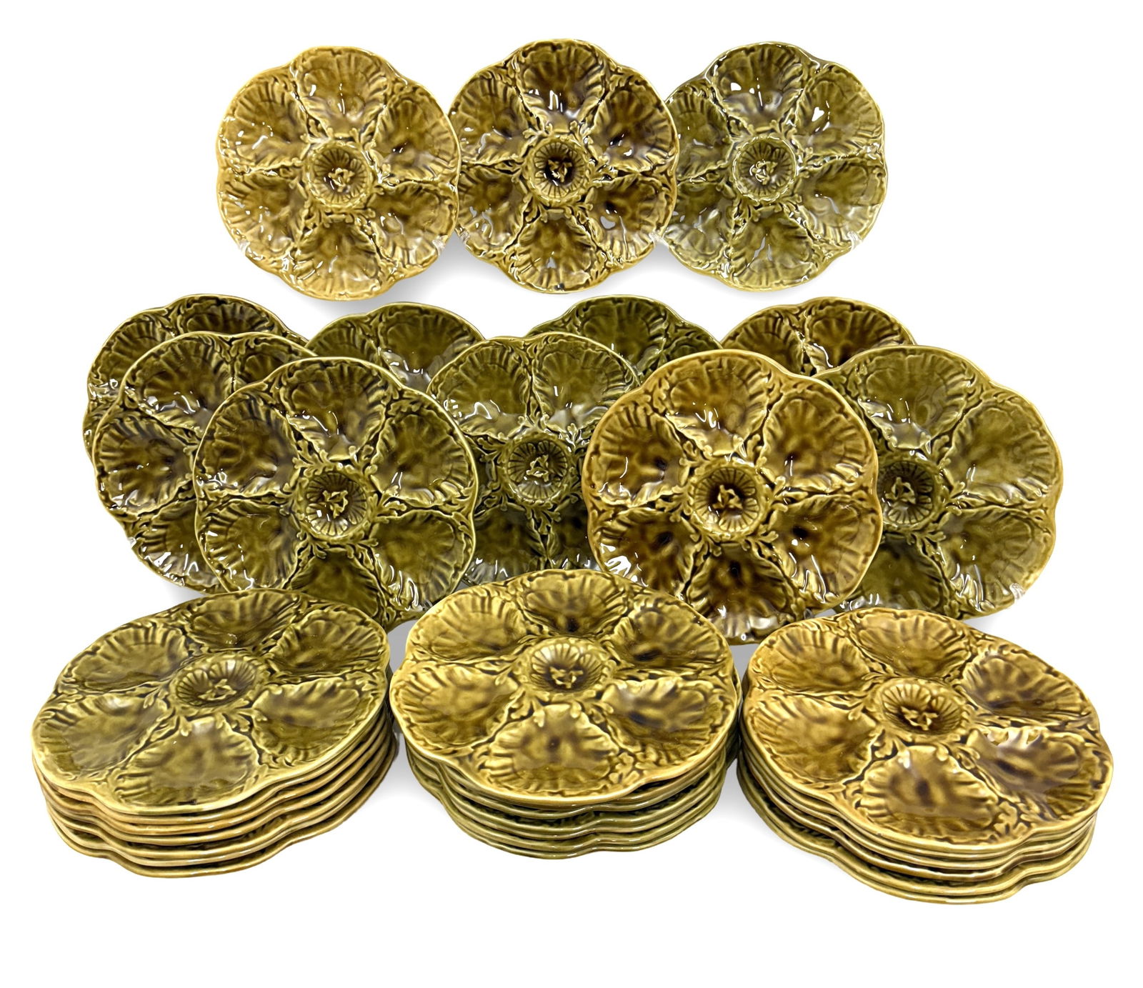 LARGE SET OF 32 OYSTER PLATES: Large set of French oyster plates with golden amber and chartreuse glaze. marked Gien France