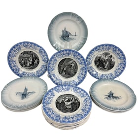22 BLUE TRANSFERWARE PLATES ? NAUTICAL & RELIGIOUS