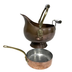 LOT OF TWO COPPERWARE PIECES WITH BRASS HANDLES