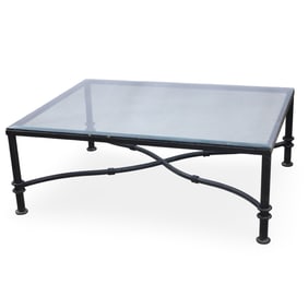 GIACOMETTI STYLE METAL AND GLASS COFFEE TABLE