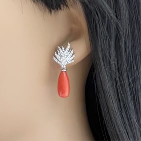 PAIR OF CORAL AND DIAMOND EARRINGS