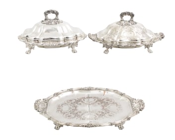 TWO SILVERPLATE TUREENS AND UNDERPLATE