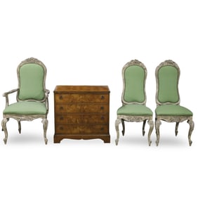 4PC LOUIS XV STYLE CHAIRS AND BURL WALNUT CHEST