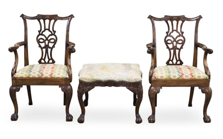 PR CHIPPENDALE STYLE ARMCHAIRS AND STOOL