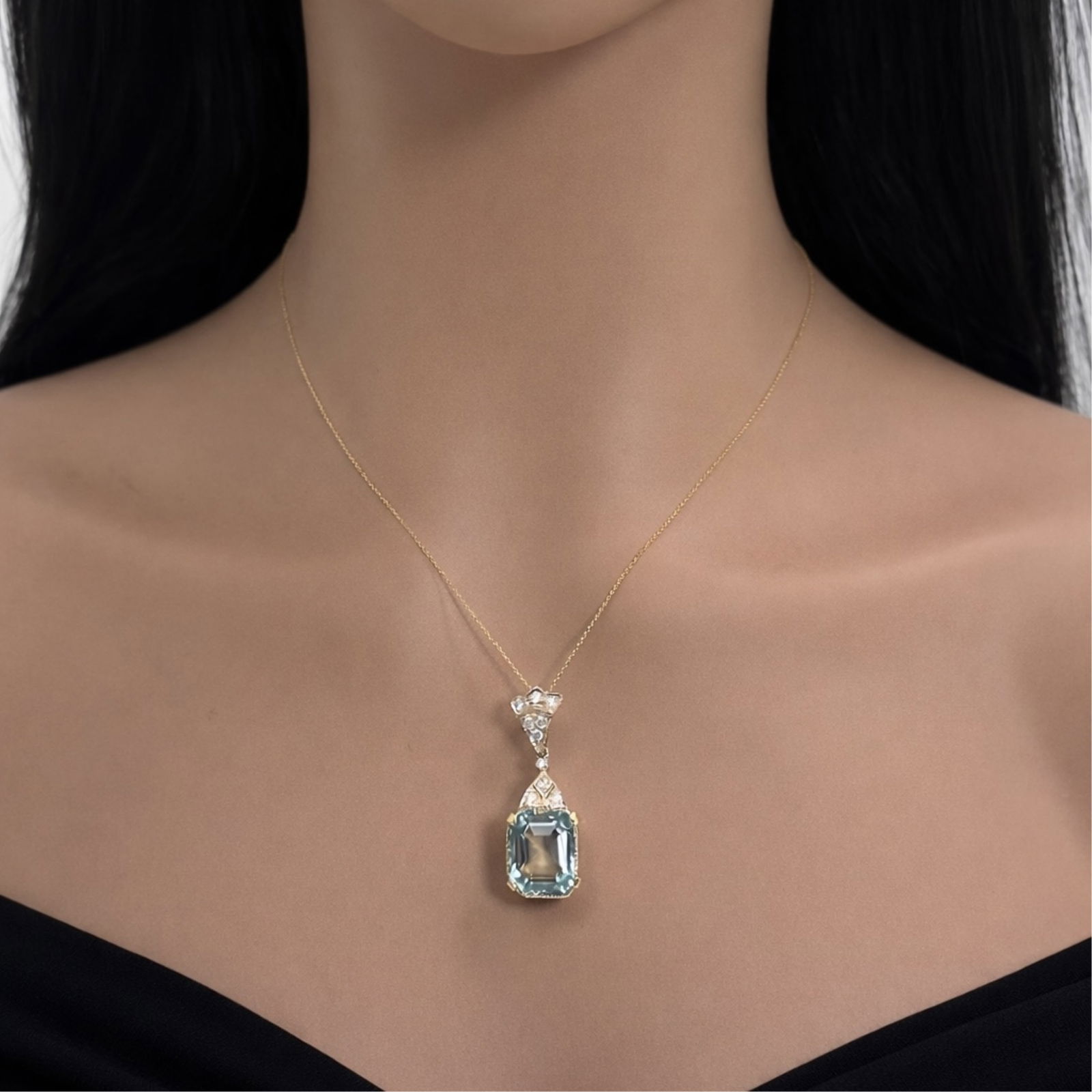 AQUAMARINE PENDANT 11.41CT: 14K aquamarine 11.41 center and .55cts of diamonds. Please see all photos and evaluation. chain not included. Note: this lot must be paid by bank wire transfer