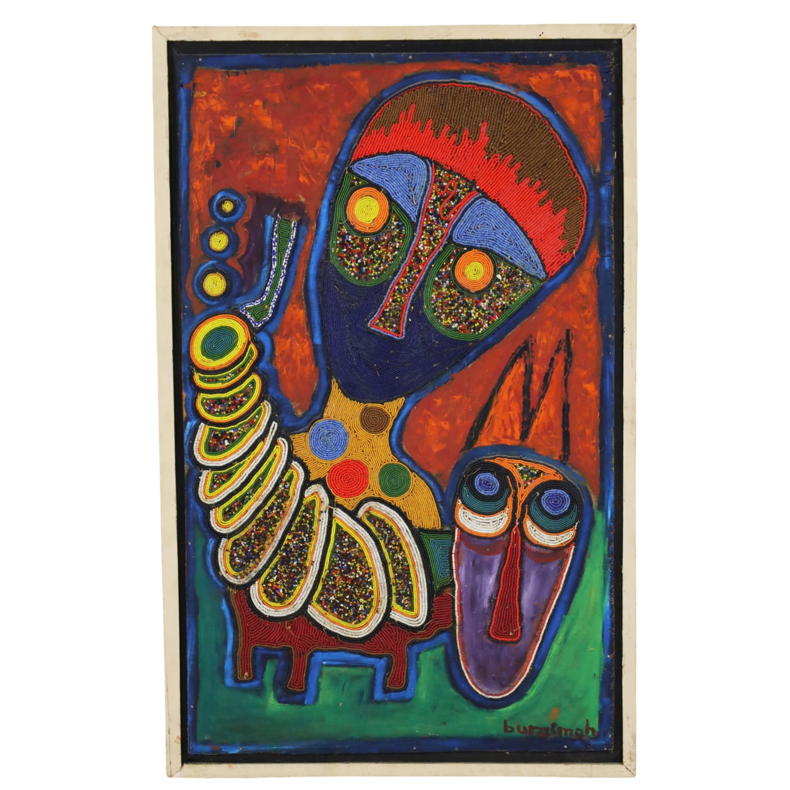 JIMOH BURAIMOH (NIGERIAN, B. 1943): Oshogbo School oil on wood with beads or mixed media painting depicting an animal and a masked figure rendered in vibrant colors and tiny seed beads. Signed "buraimoh" to lower right corner; 32"H 20"W