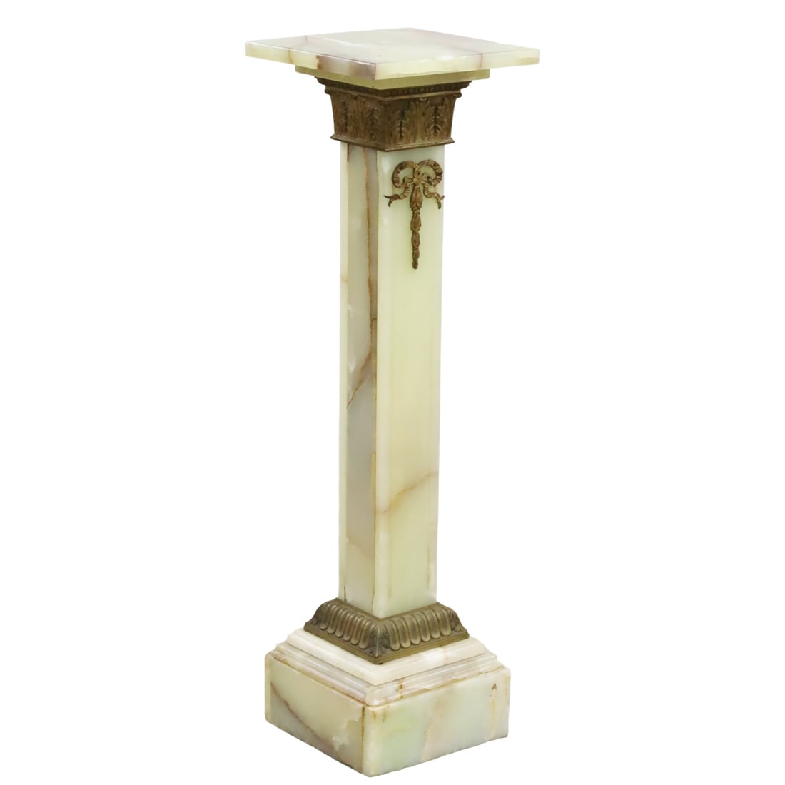 FRENCH EMPIRE ONYX PEDESTAL: French empire onyx pedestal with rotating top above Corinthian column with bronze acanthus capital and ribbon mount, 19th century; 42"H 12"x12" top; Condtion: top has been repaired, presumably old