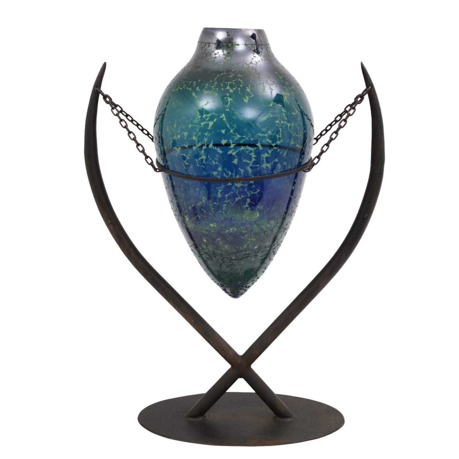 DUNCAN McCLELLAN AMPHORA VASE: Duncan McClellan (American, 20th century) amphora form art glass vase, having acid etch leaf design, suspended in archaic style metal cradle; vase 21"H, 30"H on stand, 22"W 16" x 8" base