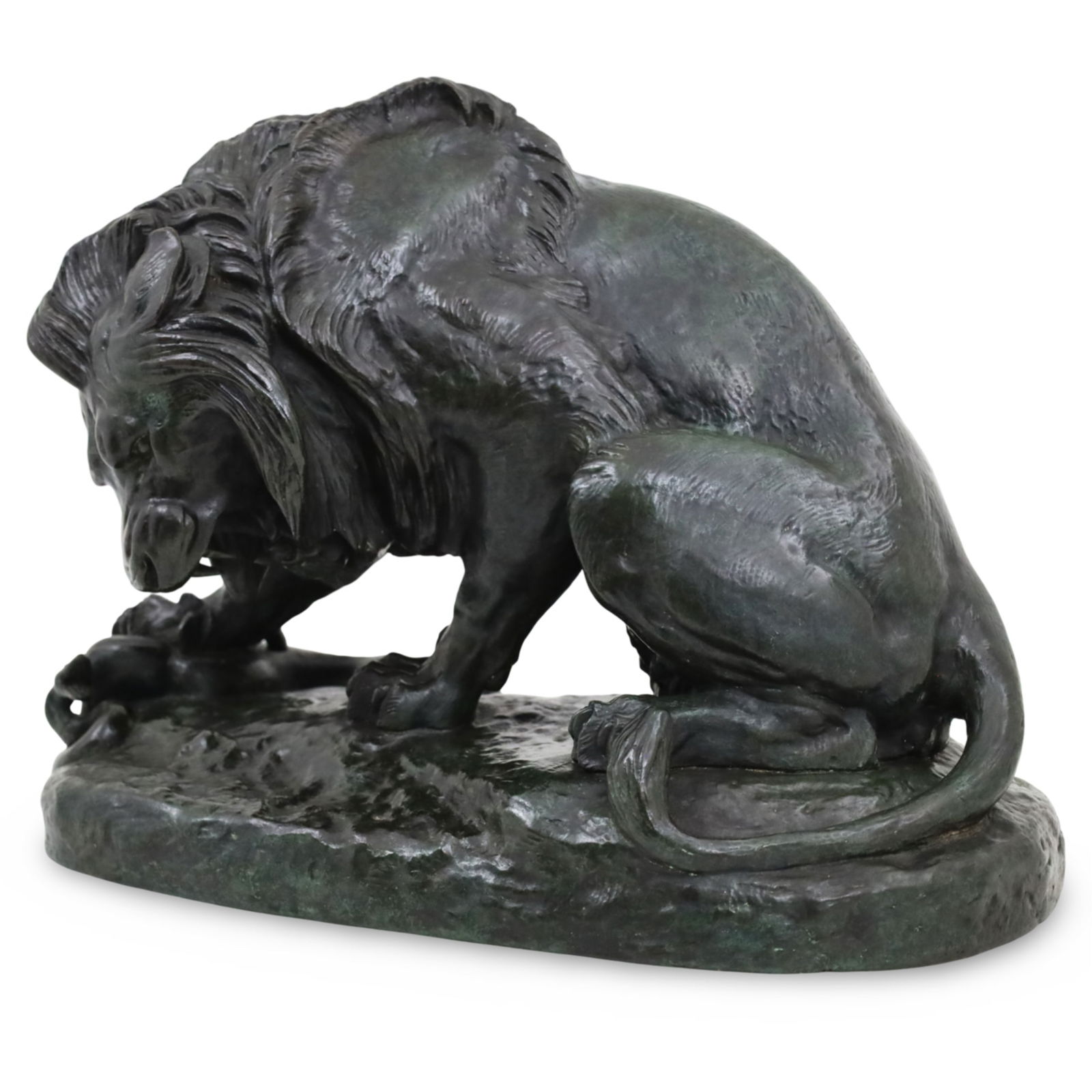 LION AU SERPENT, ANTOINE-LOUIS BARYE: Reknowned animalier bronze scuplture of a powerful lion stanced to attack a coiled serpent underfoot by Antoine-Louis Barye (French, 1795-1875) signed at lower plinth, rich green patina, 19th century;