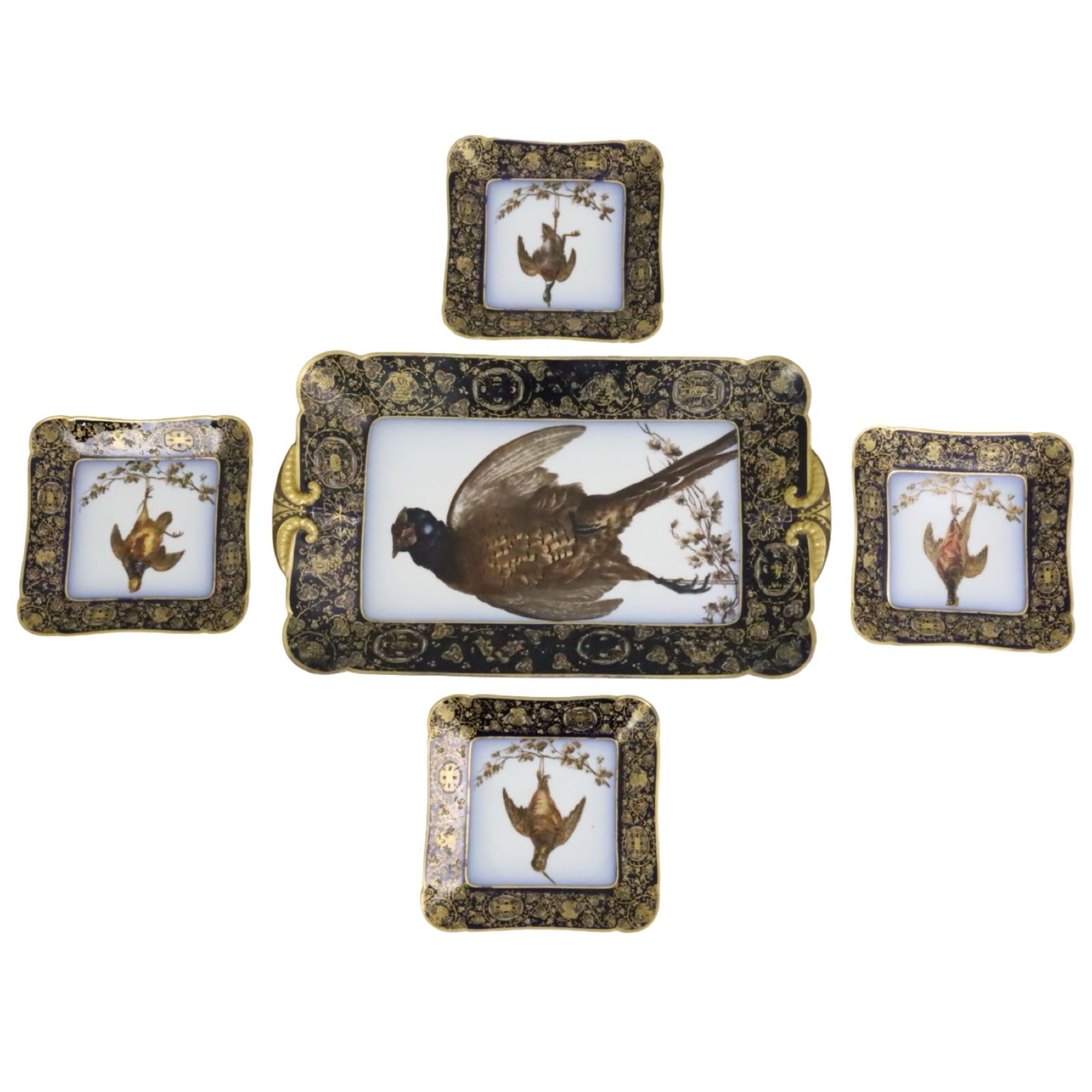 5PC HAVILAND LIMOGES GAME PORCELAIN SERVICE: Five piece French porcelain service, consisting on a platter and four plates, gilt and cobalt borders with center reserves depicting game fowl, bearing the mark of Charles Field Haviland Limoges and G