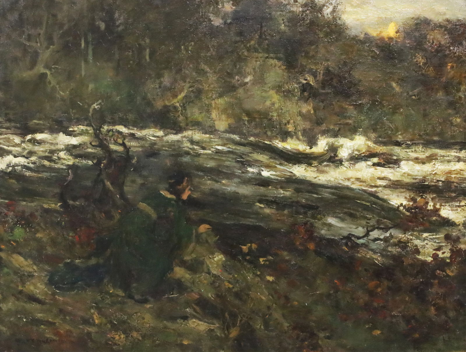 WILLIAM STEWARD MACGEORGE, RSA (1861-1931): Oil on canvas painting depicting a woman riverside at twilight by Scottish Royal Academy artist William Steward MacGeorge (1861-1931), signed lower left, listed as "Moonrise on the Tyne" in Scottish R