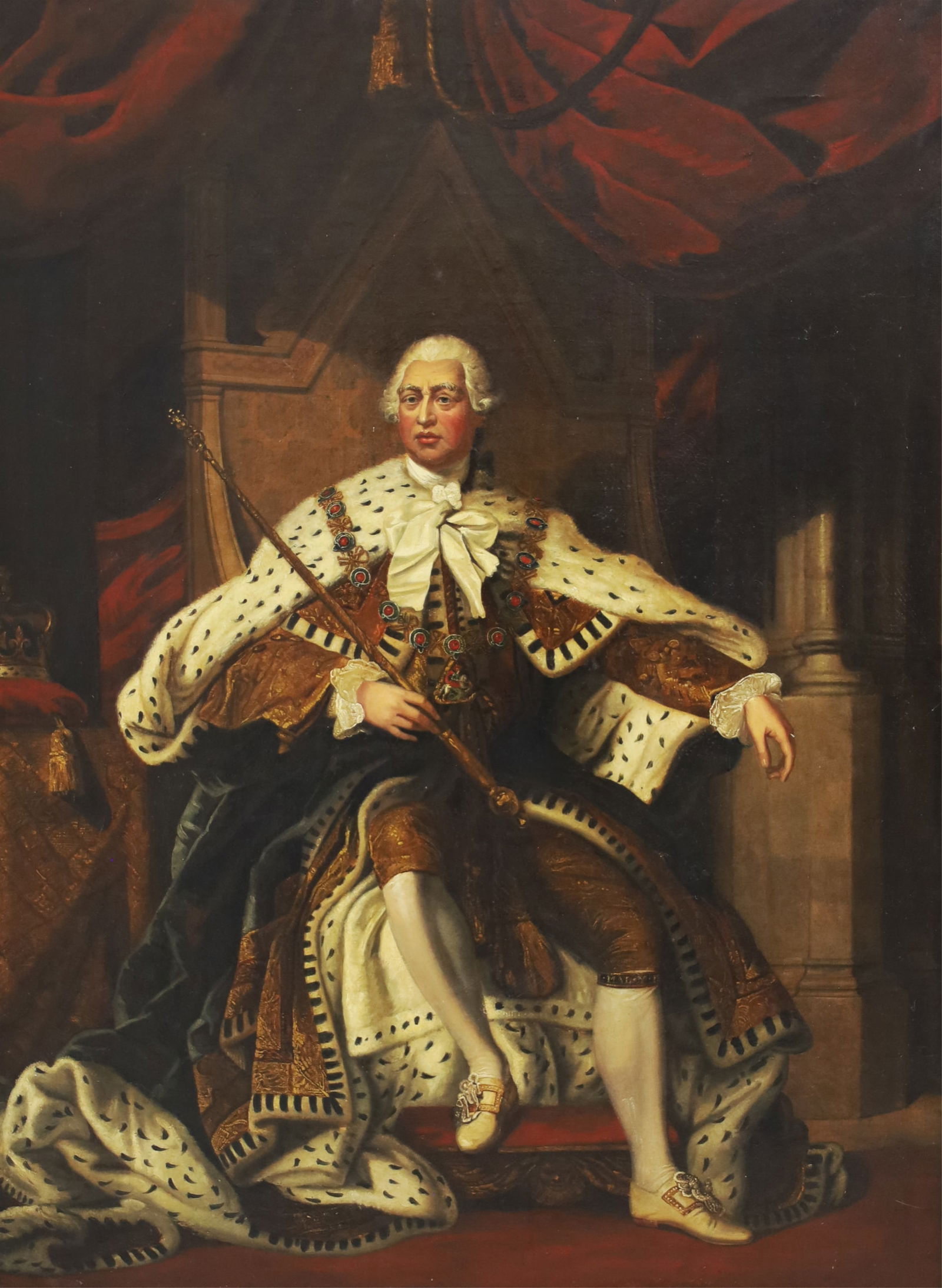 CIRCLE OF SIR JOSHUA REYNOLDS (1723-1792): Oil on canvas portrait of King George III seated in the Coronation Chair, in robes of state, holding a scepture in his right hand, this being smaller copy of the 1779 work by Sir Joshua Reynolds (1723
