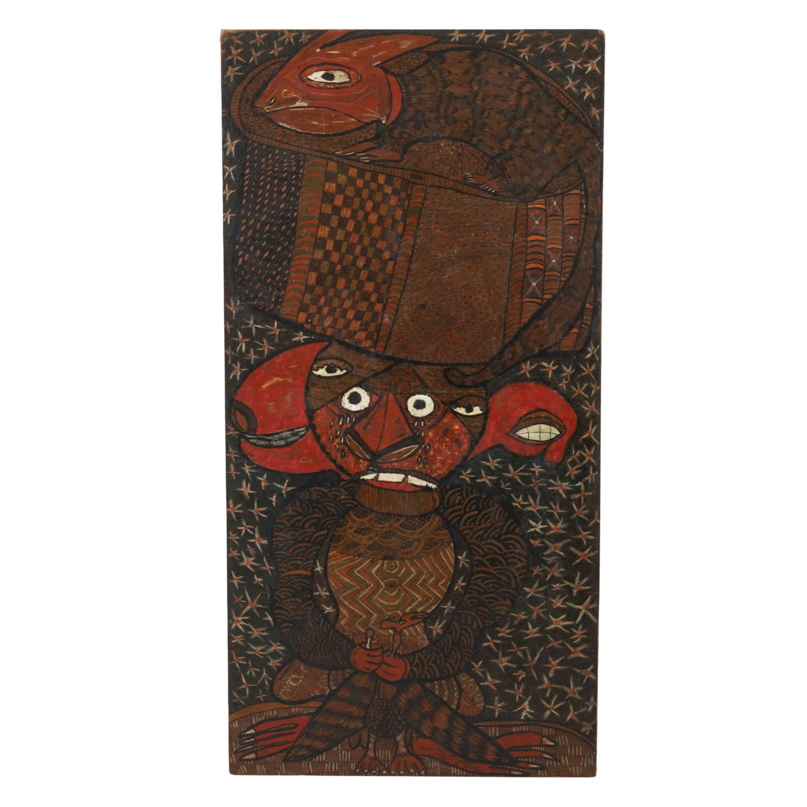 PRINCE TWINS SEVEN-SEVEN (NIGERIA, 1944-2011): Oshogbo school pen, ink, and acrylic or mixed media on board painting, titled "Parot Ghost" depicting a anthromorphic figure clutching a bird and carrying a large head basket containing recumbent liza