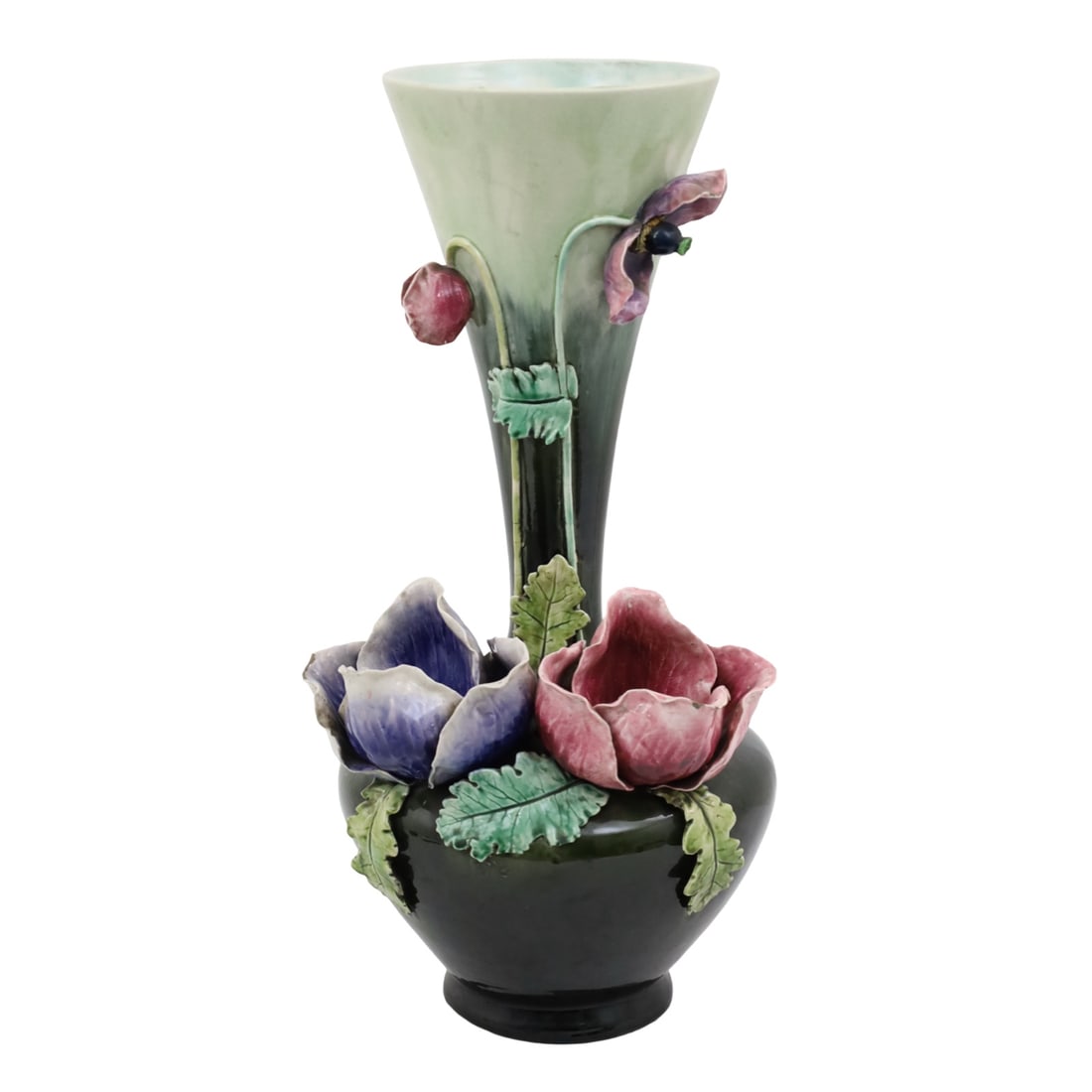 MONUMENTAL BARBOTINE MAJOLICA VASE: Monumental Barbotine majolica vase, having a globular body rising to trumpeting neck, applied poppy flower decoration, marked on reverse, late 19th century; 23.5"H 11.5"W 6" base; Condition: moderate
