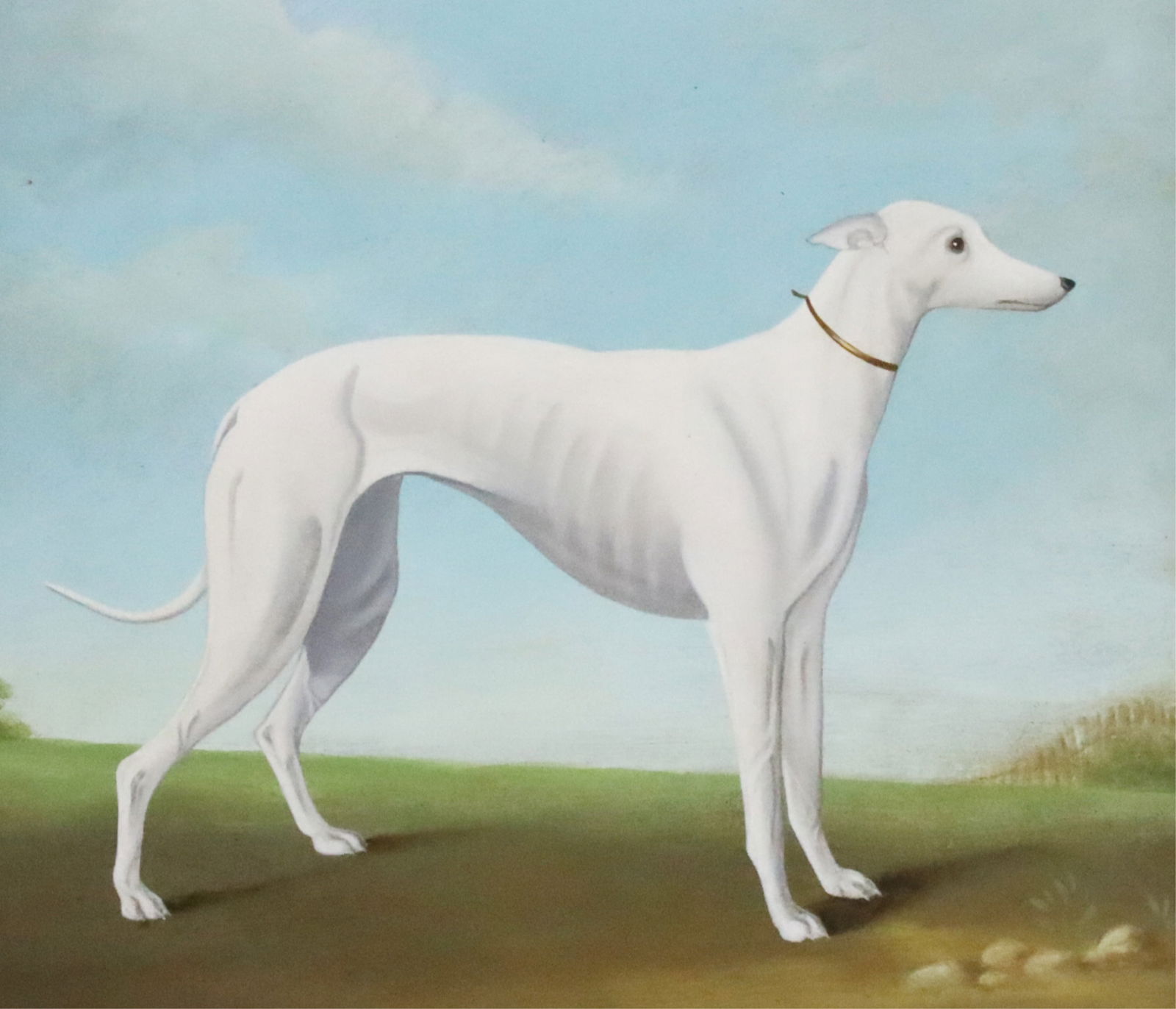 OIL ON PANEL PAINTING OF GREYHOUND: Oil on panel sporting painting of a white greyhound in a landscape, early 20th century; 18"H 21"W overall