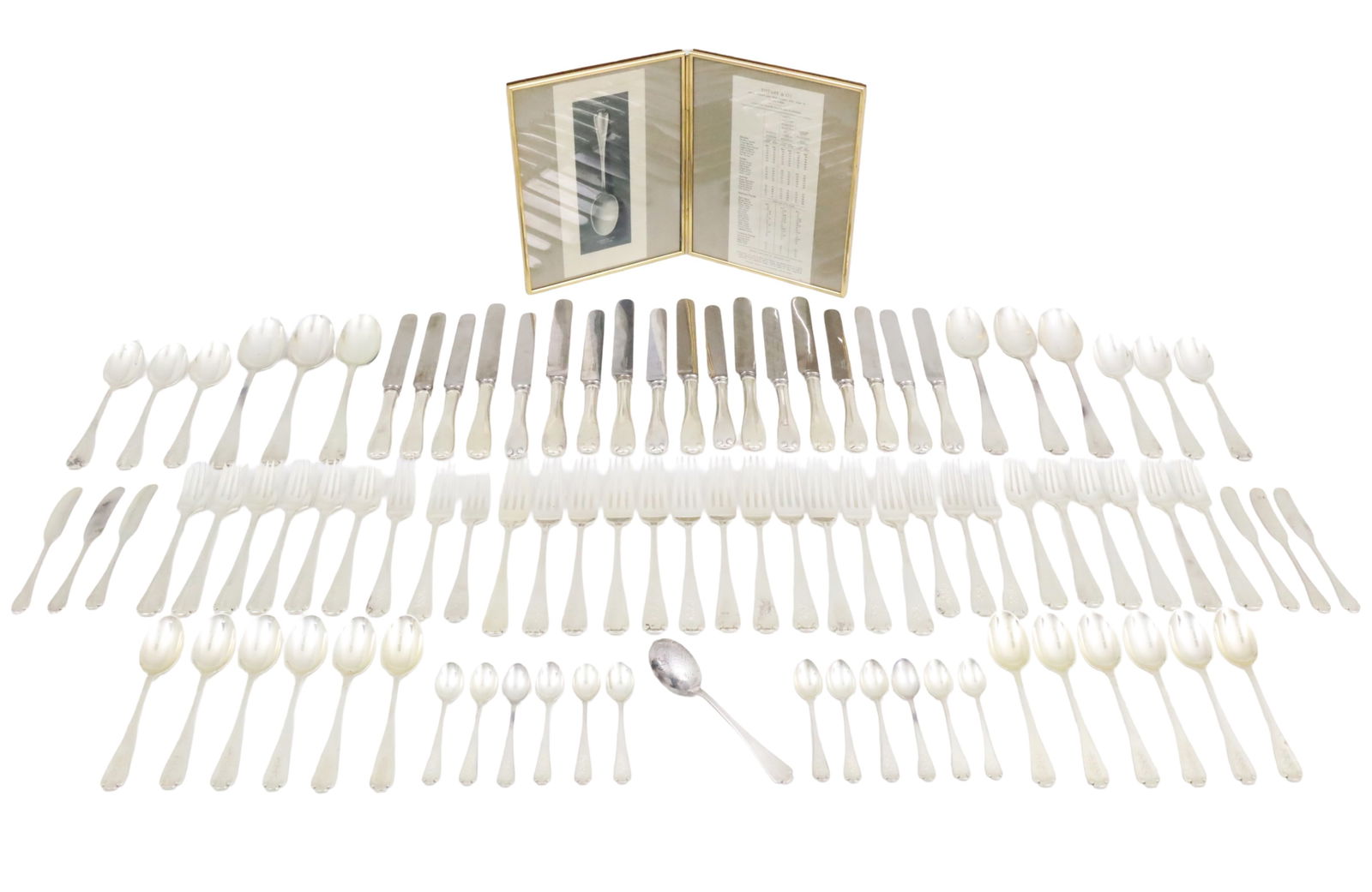 91PC TIFFANY & CO FLATWARE SERVICE, 123 T.O.W.: Ninety one piece Tiffany and Company sterling silver flatware service, Flemish pattern, consisting of 6 - 10" dinner knives, 12 - 9.25" entree knives, 12 - 7.5" dinner forks, 6 entree forks, 12 salad