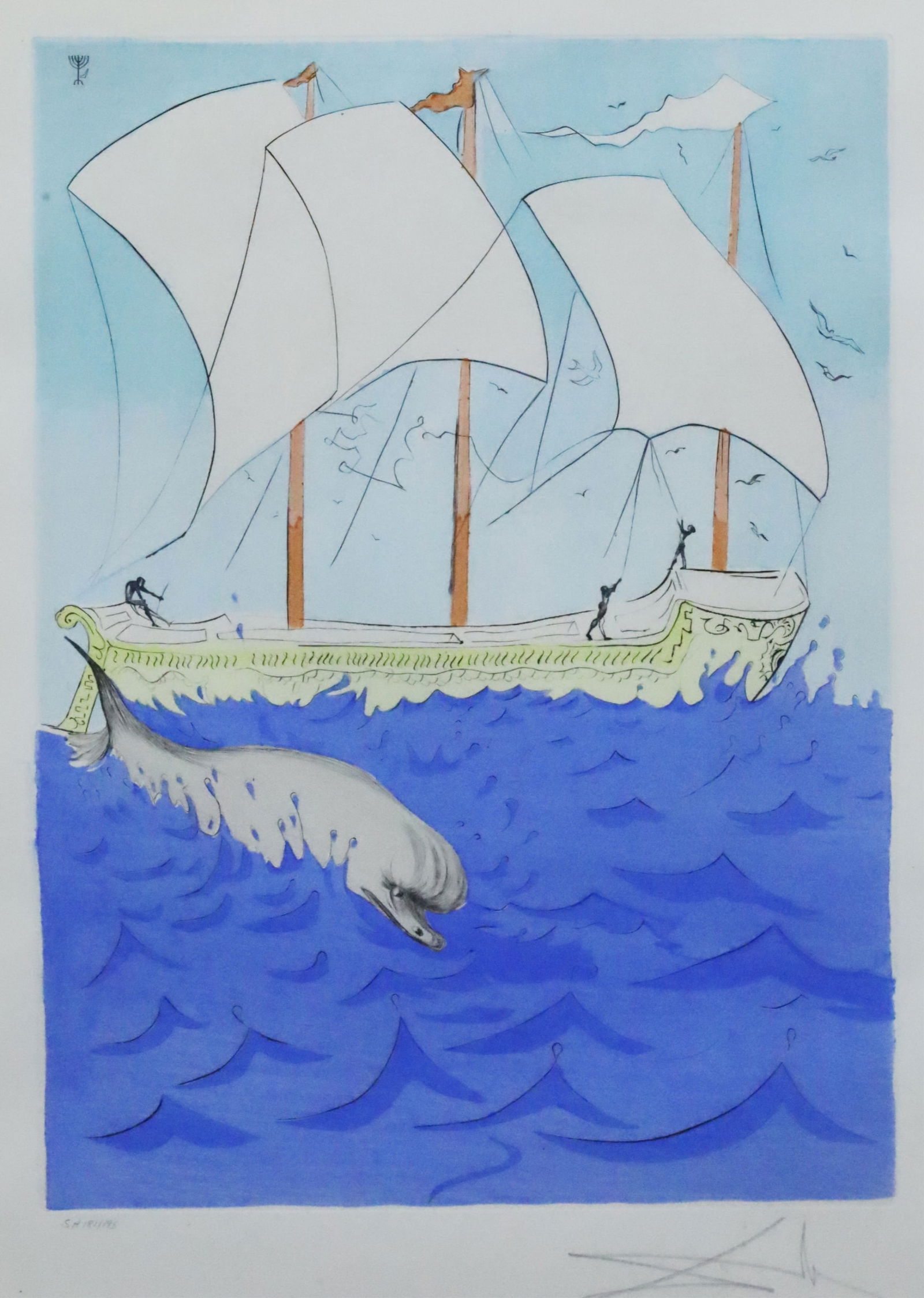 ZEBULUN BY SALVADOR DALI: Hand colored etching on wove paper of the work "Zebulun" from Salvador Dali's "Twelve Tribes of Israel" series, pencil signed and numbered SA 181/195, matted in gilt metal frame; 30"H 25"W overall