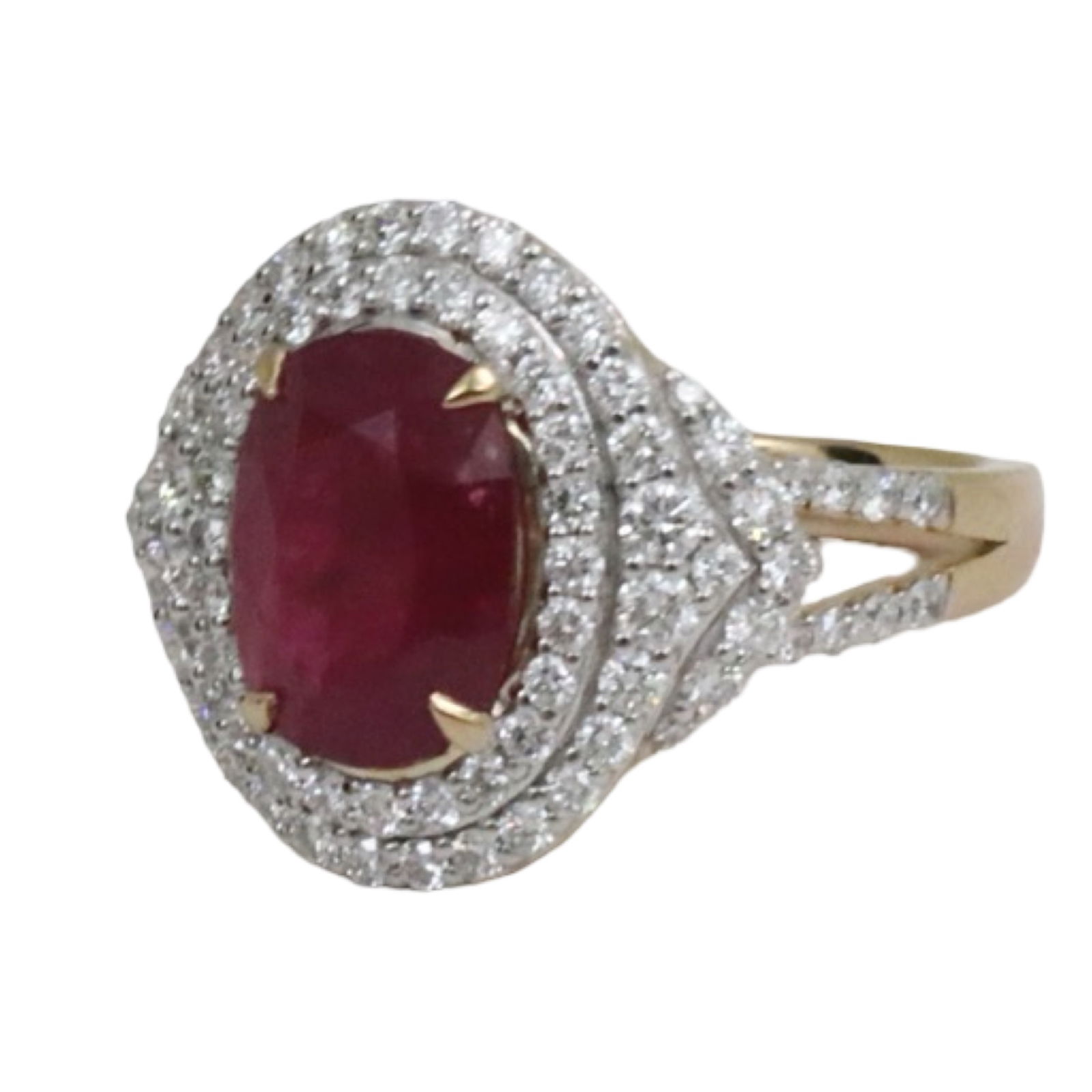 PLATINUM BURMESE RUBY AND DIAMOND RING, GIA: Platinum Burmese cushion cut 3.37ct ruby ring surrounded with 1.04cts of VS1-VS2 diamonds. size 6.5. gross weight 7.9grams. Please see all photos, appraisal, and GIA#1232513194. Note: this lot must be