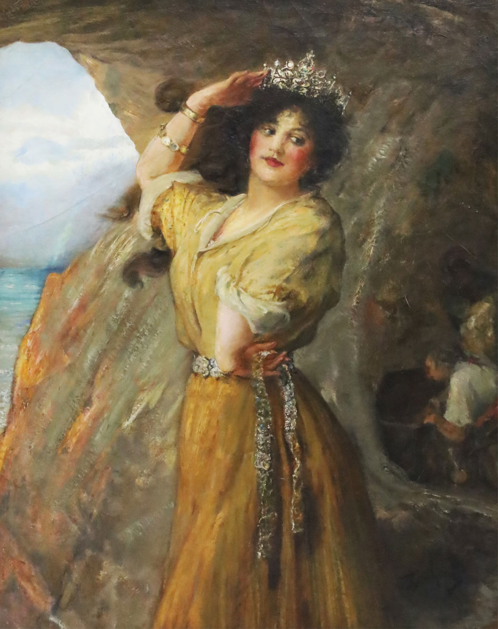 THOMAS ALEXANDER GRAHAM (SCOTTISH, 1840 - 1906): Oil on canvas portrait of a dark haired beauty modeling treasures from a seaside cave by Thomas Alexander Graham (Scottish, 1840-1906) ROI, HRSA, signed lower right; canvas 43"H 36"W overall 42.5"H 35