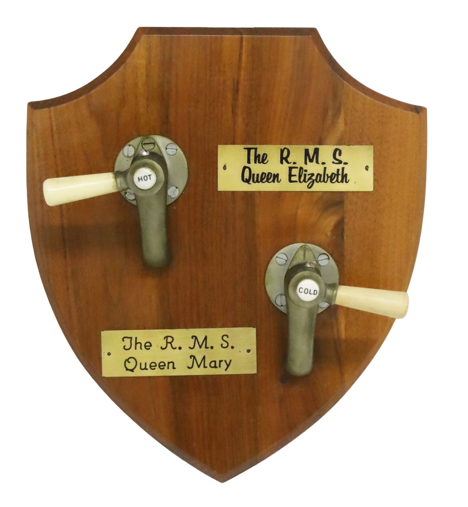 HISTORIC RMS CRUISE SHIP HARDWARE PLAQUE: Pair of brass hot and cold water faucets from the British RMS cruise liner ships Queen Elizabeth and Queen Mary, vessels operated by Cunlard Line in the early 20th century for transatlantic voyages fr