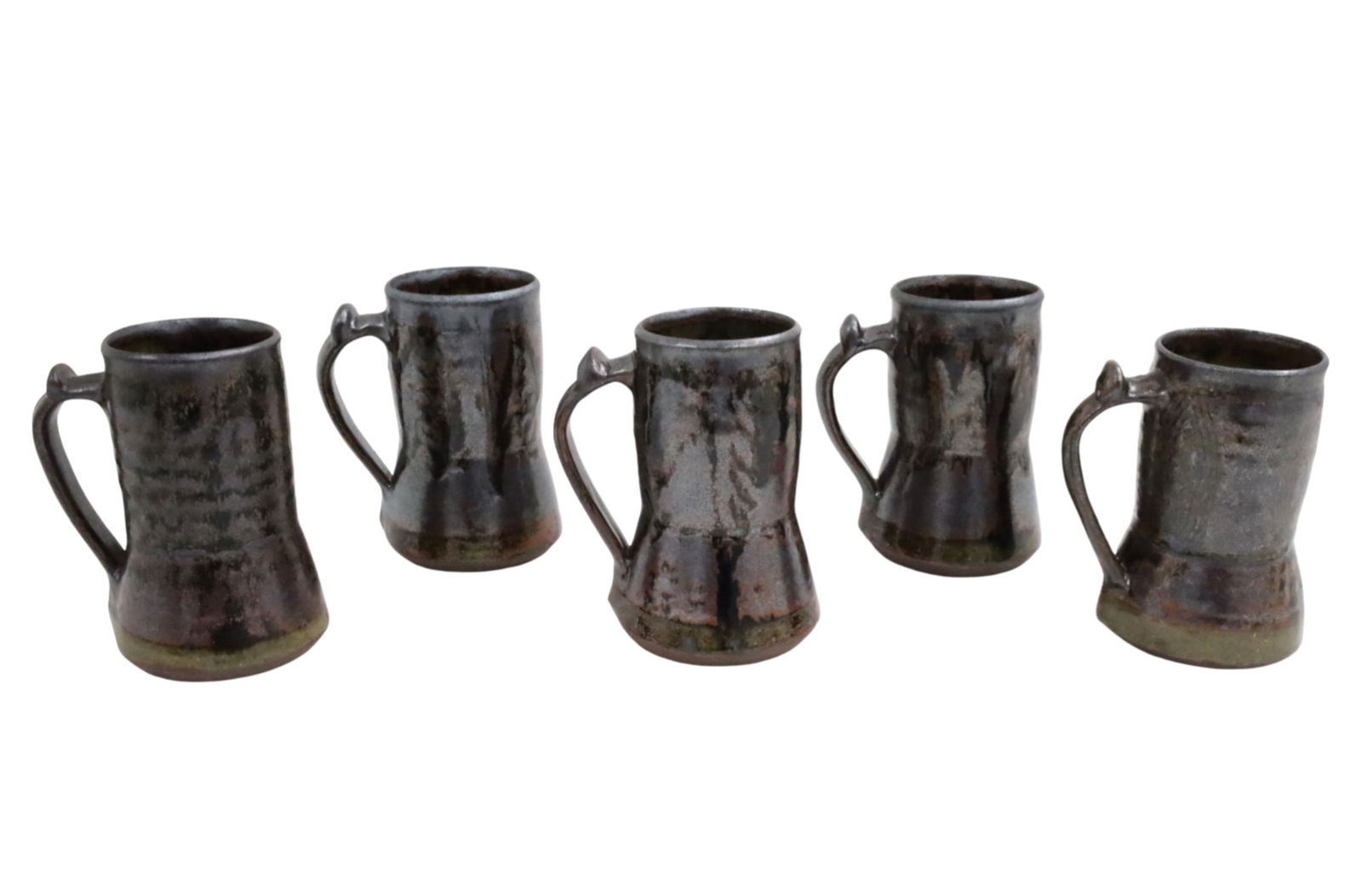 LADI KWALI (NIGERIAN, c.1925-1984): Collection of five African drip glaze earthenware pottery tankards by Ladi Kwali, premier artist of Abuja Pottery Training Centre, Nigeria, each stamped by artist with Arabic seal, circa 1960; each ap