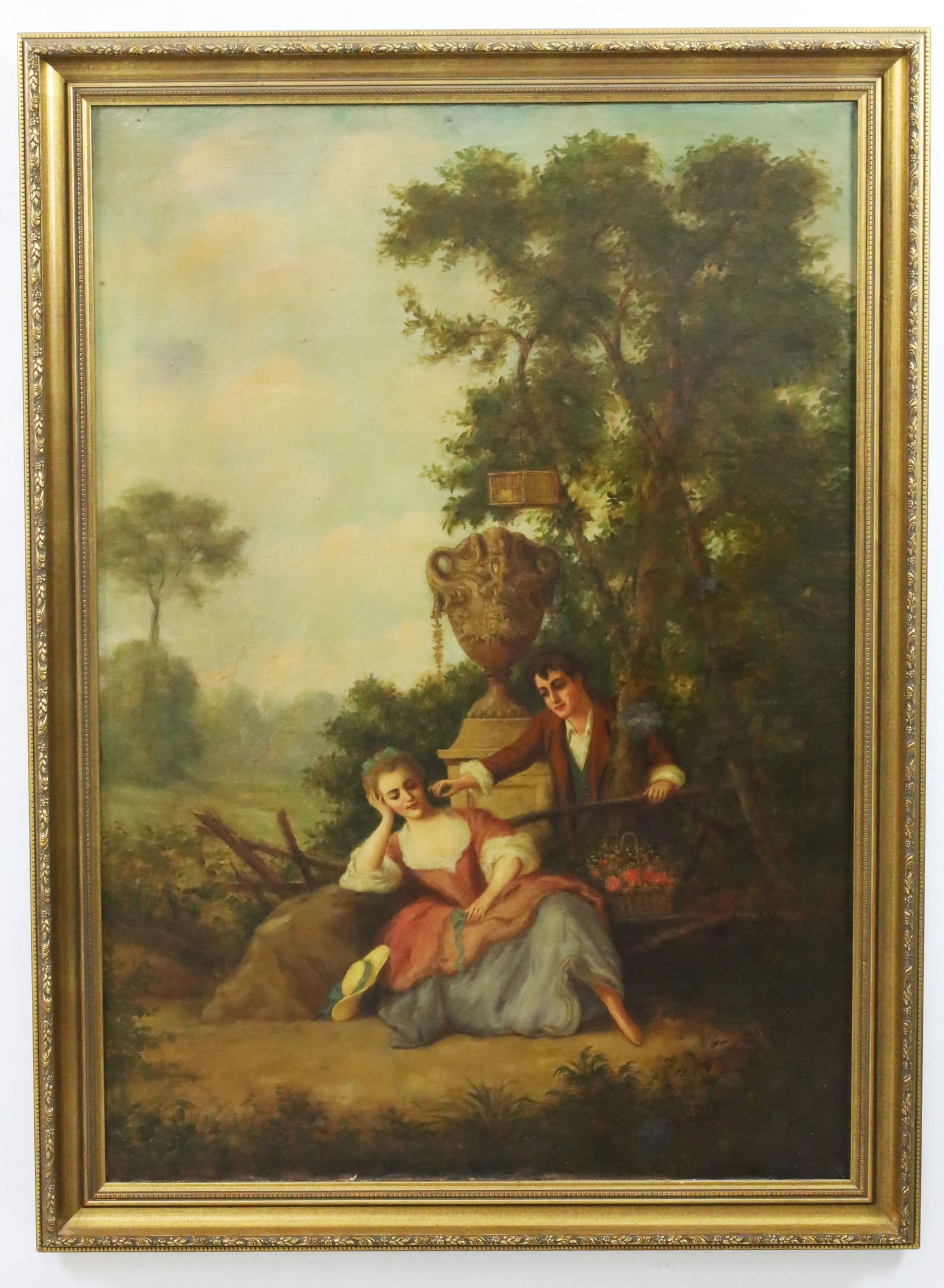 FRENCH SCHOOL OIL PAINTING, MANNER OF WATTEAU: French school oil on canvas romantic scene painting, in the manner of Jean-Antoine Watteau, apparently unsigned, early 20th century; 45"H 33" overall