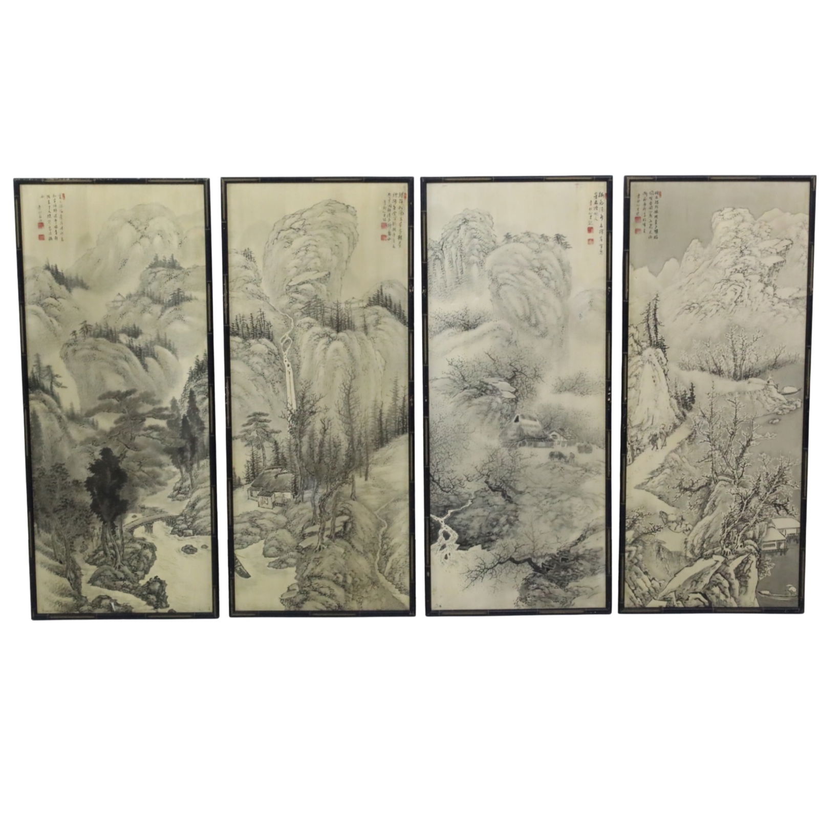 FOUR CHINESE SHAN SHUI INK DRAWINGS: Set of four framed Chinese ink drawings, in the shan shui style, depicting depicting villages among mountainous and coastal scenes, each with character marks and red artist seals in upper; each 49"H 2