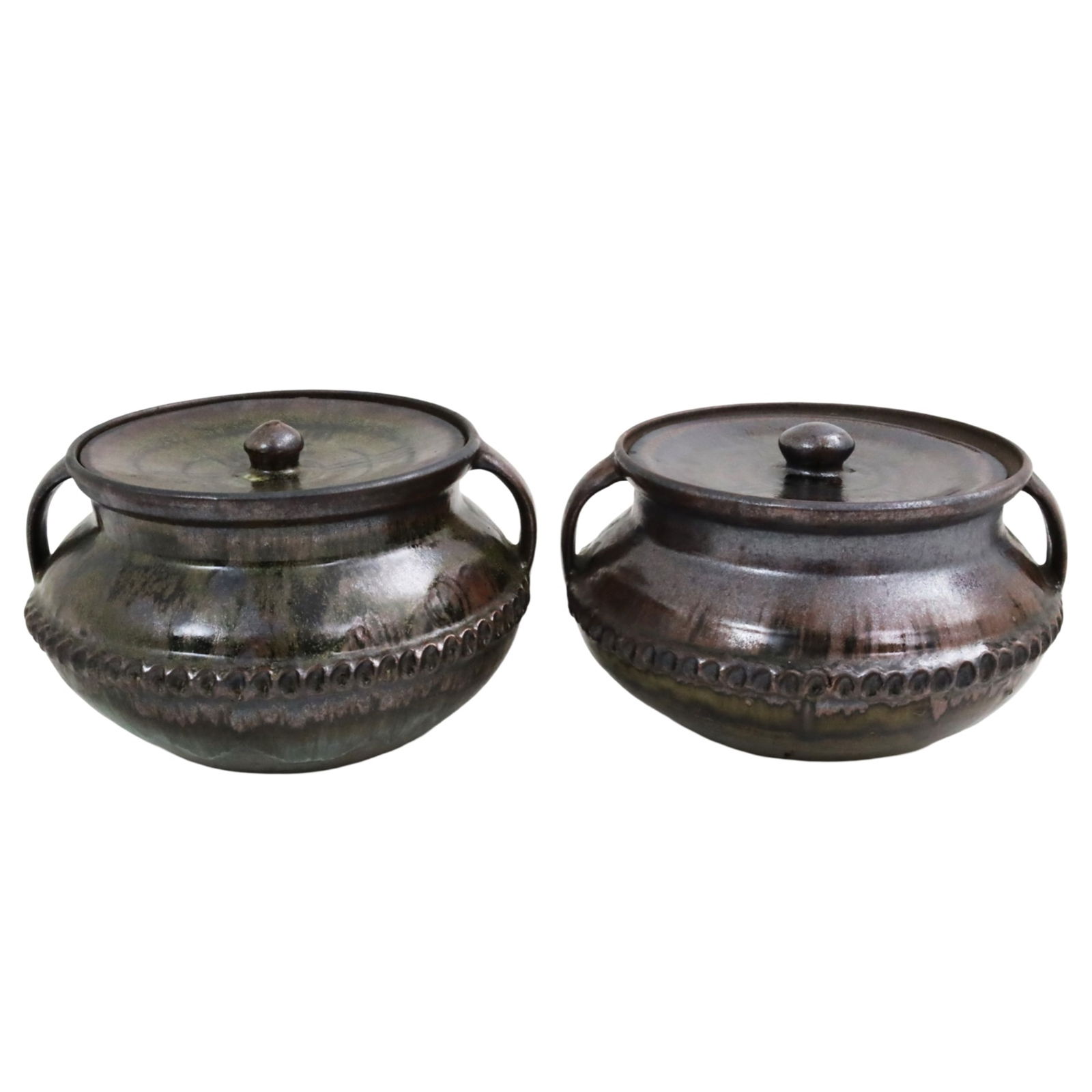 PR ABUJA POTTERY GWARI, PETER GBOKO: Pair of African glazed earthenware pottery Gwari, or double handled covered casseroles, by Peter Gboko, Abuja school, Nigeria, stamped by artist with Arabic seal, mid to late 20th century; earch 6.5"H