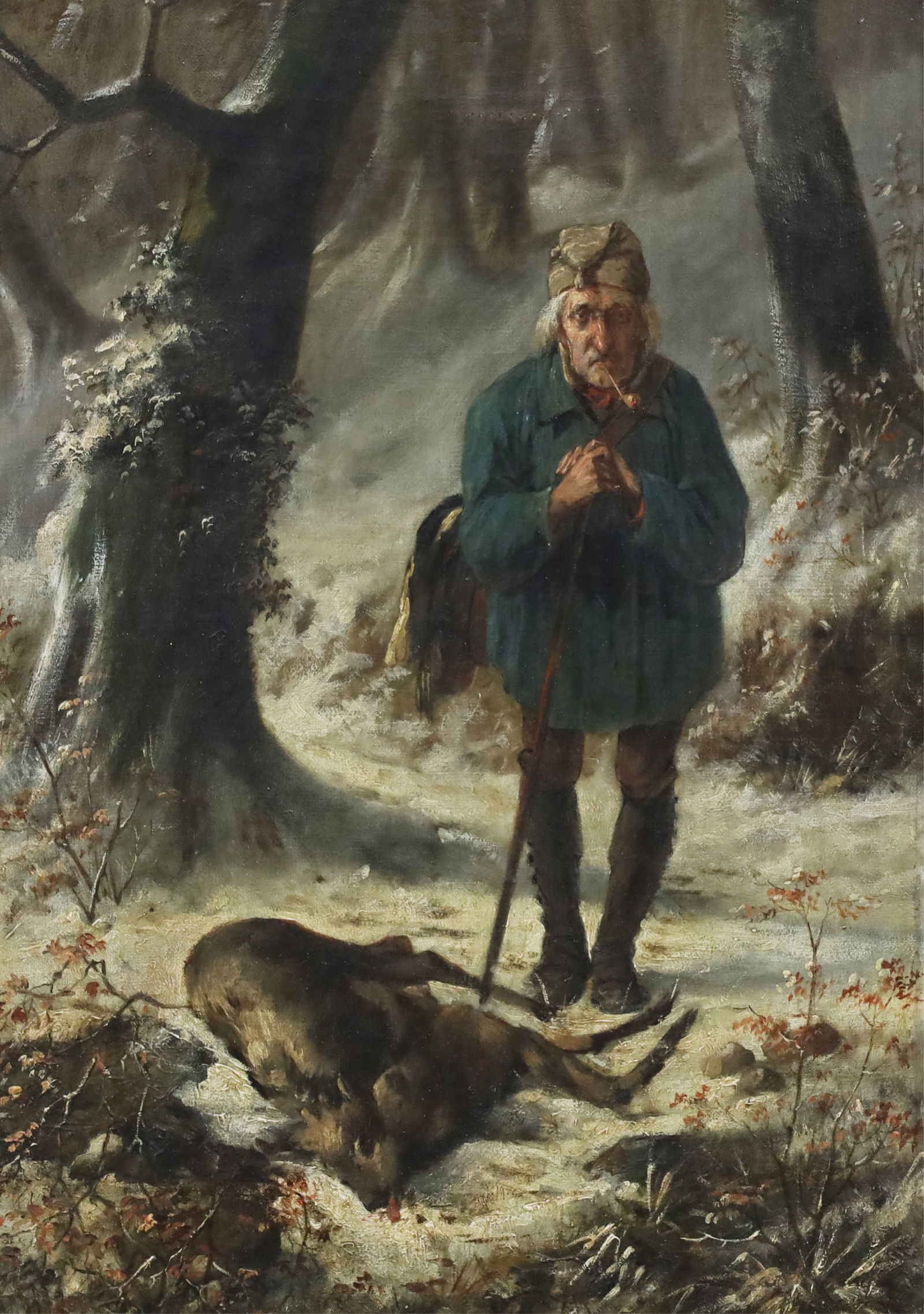 EUGENE DE LA KETHULLE (BELGIAN, 1823-1890): Oil on canvas painting depicting an old hunter enjoying his pipe while posing with his kill by Eugene de la Kethulle (Belgian, 1823-1890) signed lower right dated 1874, incised on stretcher verso, mou