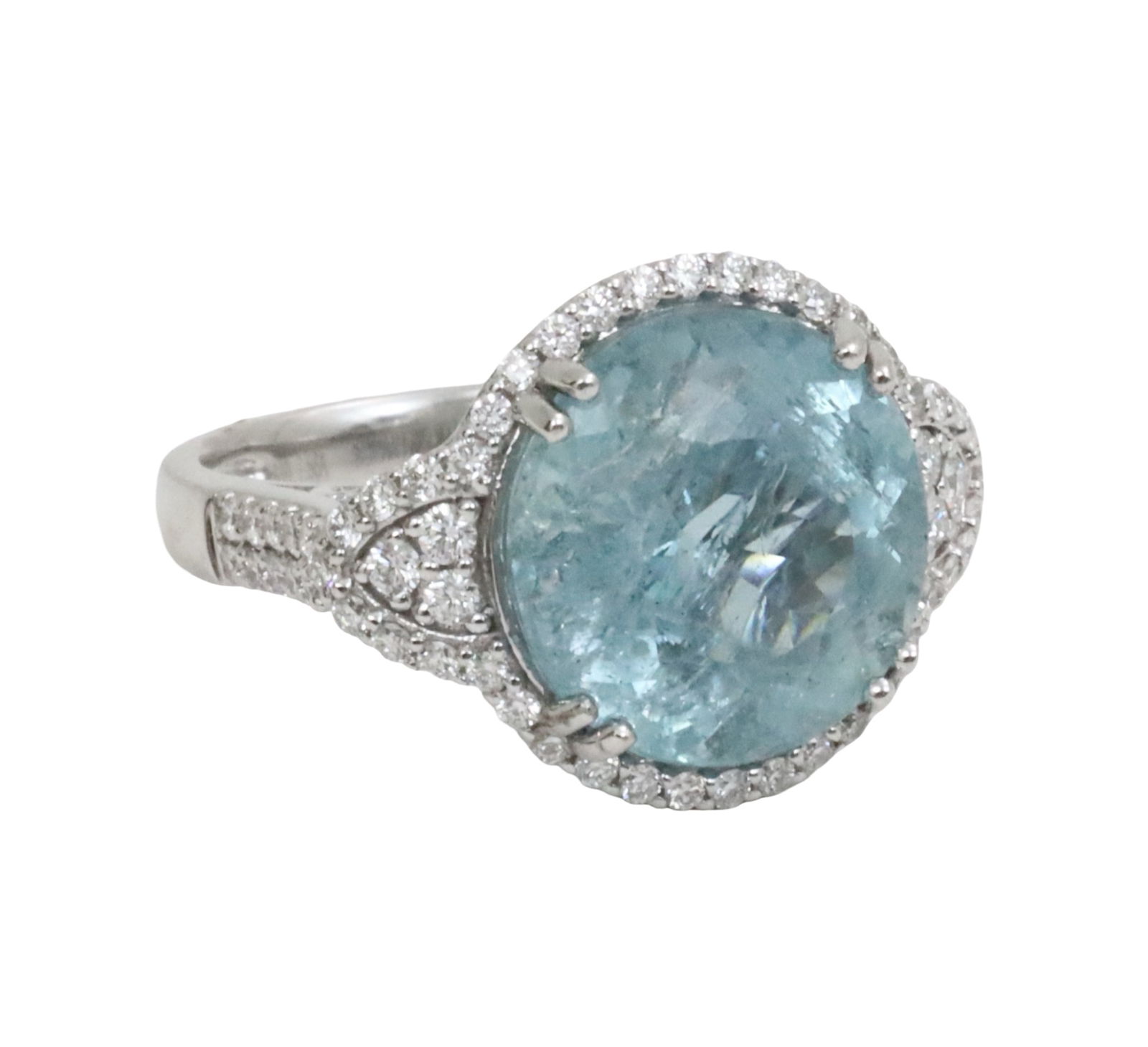 PLATINUM AQUAMARINE AND DIAMOND RING, GIA: Platinum aquamarine and diamond ring having 7.56 GIA certified center and .63cts diamonds. size is 6.75. gross weight is 9.4g. Please see all photos, appraisal, and GIA#2235415198. Note: this lot must
