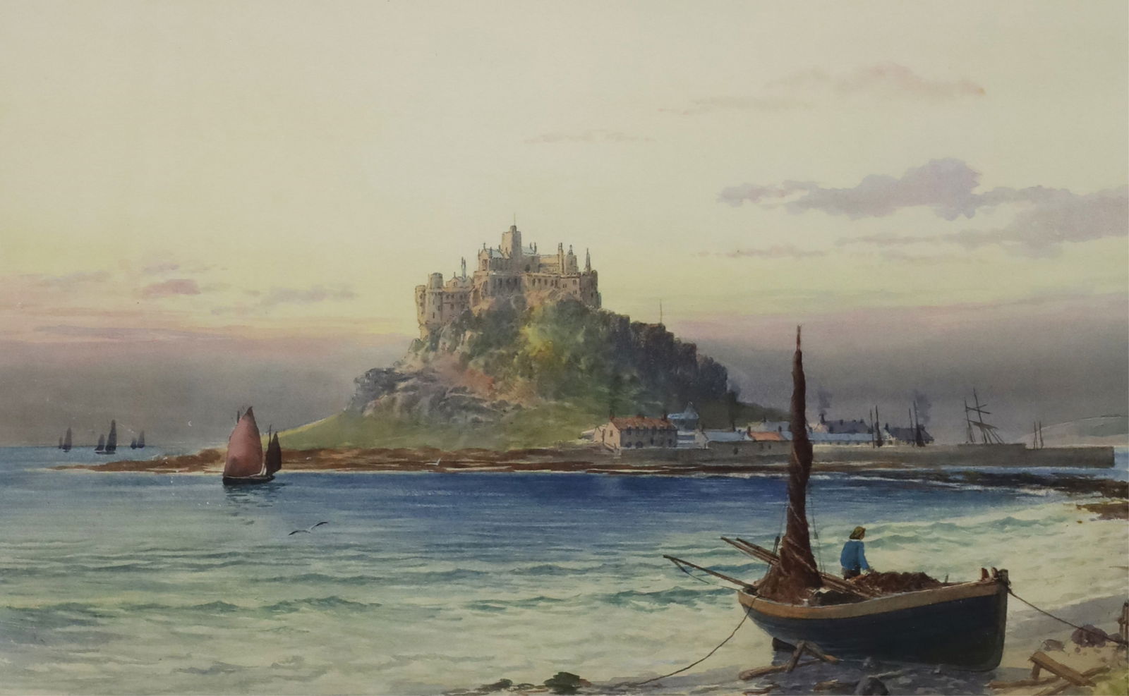 JOHN CLARKE ISAAC UREN (ENGLISH, 1845-1932): Framed watercolor landscape painting depicting the iconic tidal island Mont Saint Michel in Normandy by John Clarke Isaac Uren (English, 1845-1932) signed lower right; 21"H 29"W overall