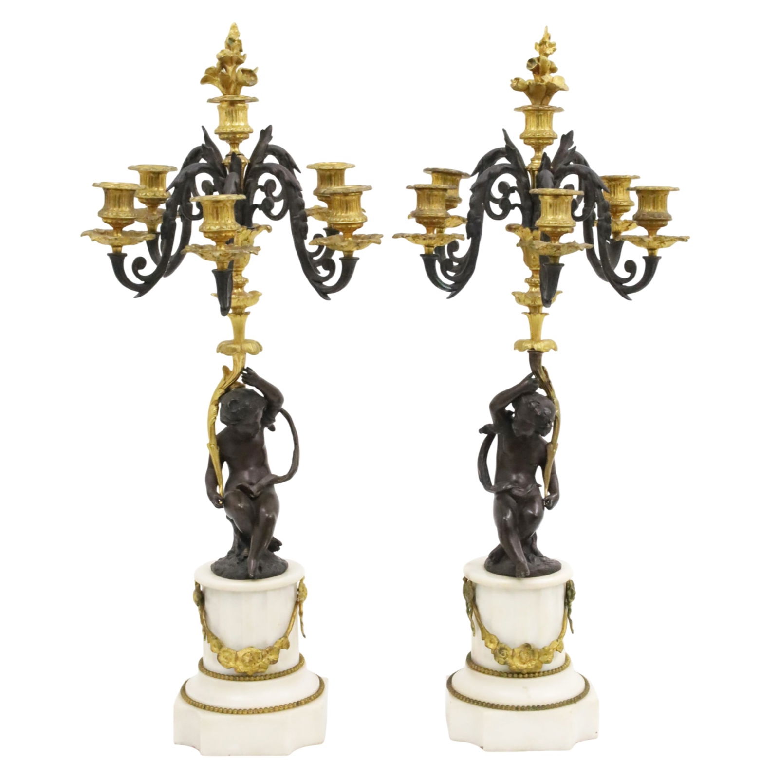 PR FRENCH BRONZE AND MARBLE CANDELABRA: Pair of French bronze six light candelabra with putti supports, raised on fluted white marble plinths; 26.5"H 11"W 6" x 6" base