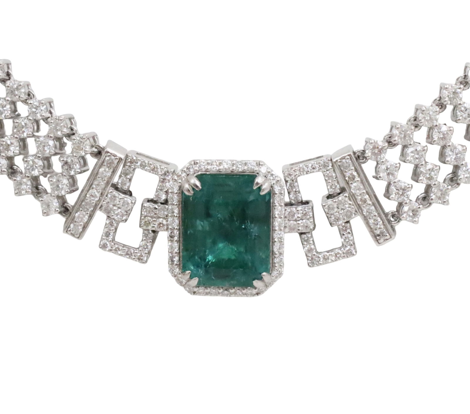 PLATINUM EMERALD AND DIAMOND NECKLACE: Platinum necklace with 5.31ct Emerald and 12.18cts of diamonds. Necklace length is 17.25in and is finished with a tension lock and double safety clasp. Item weighs 60.5grams. Please see all photos and