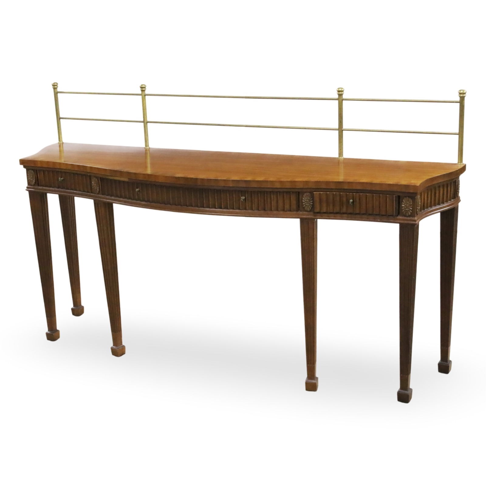 HEPPLEWHITE STYLE MAHOGANY SIDEBOARD: Hepplewhite style mahogany sideboard, having brass gallery above a crossbanded serpentine top, three freize drawers accented by rosettes, raised on fluted tapered legs, marked Wallace Nutting by Drexe