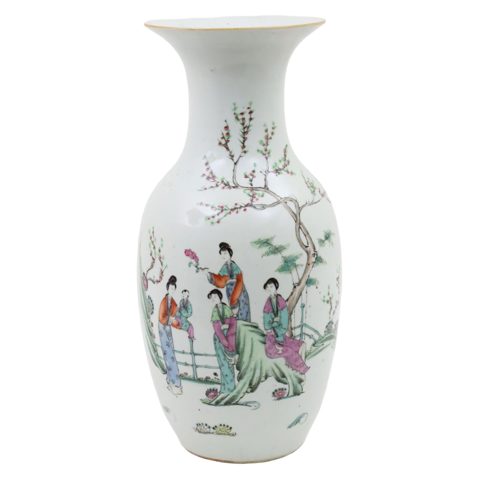 CHINESE ROSE FAMILLE PORCELAIN VASE, REPUBLIC: Chinese rose famille porcelain baluster form vase depicting female figures in a courtyard, the reverse with black character marks, Republic Period, early 20th century, raised on teakwood stand; 17.5"H