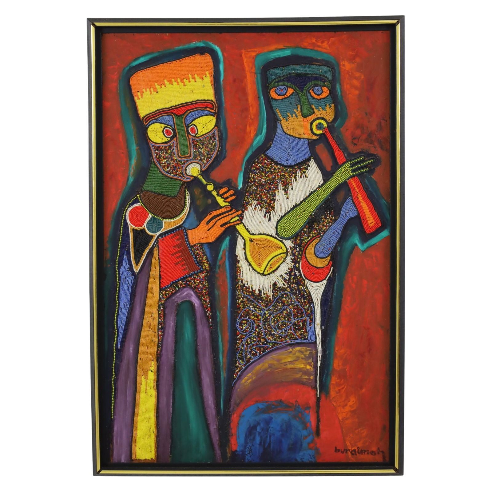 JIMOH BURAIMOH (NIGERIAN, B. 1943): Jimoh Buraimoh (Nigeria, b. 1943) Oshogbo School oil on wood with beads or mixed media painting depicting two flutists or musicians depicting in vibrant colors and patterns. Signed "buraimoh" to lower