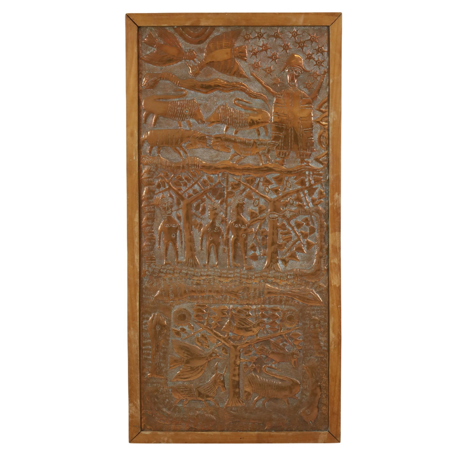 ASIRU OLATUNDE (NIGERIA, 1918-1993): Oshogbo School repousse copper plaque, titled "Creation of the World," depicting a trisected flat picture plane with the creator deity gesturing forth starts and animals above mankind in the forest su