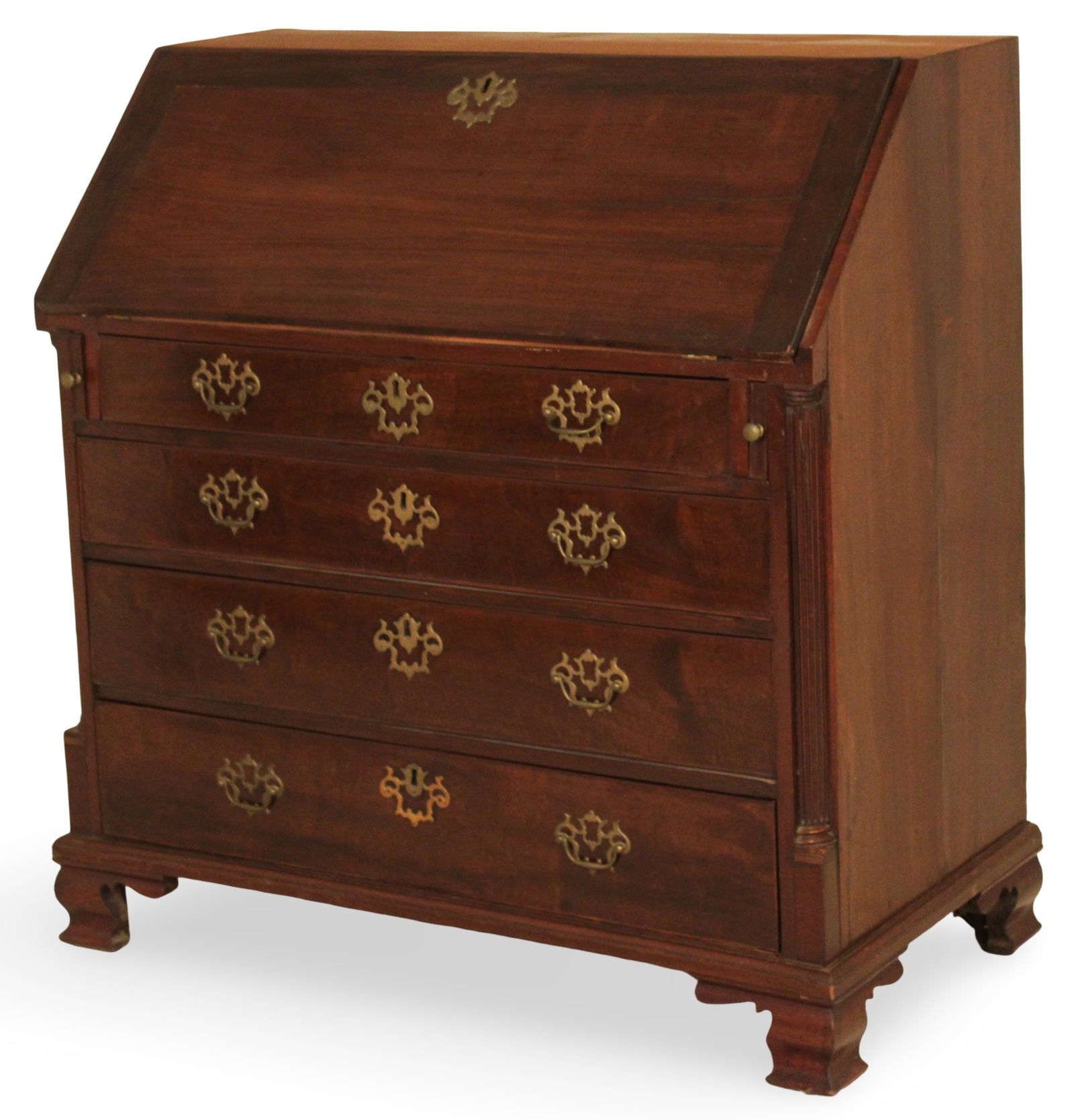 ENGLISH MAHOGANY BUREAU, 19TH C.: English mahogany bureau with fitted interior and tooled leather surface, 19th century 40"W 42"H 21"D