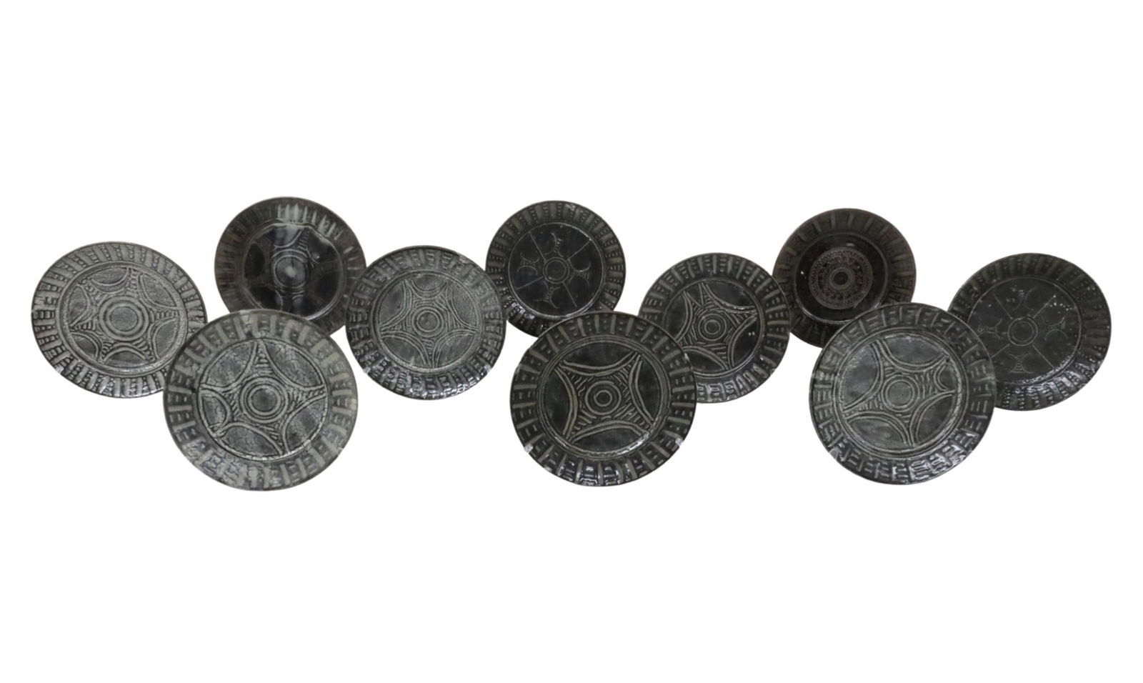 10 ABUJA POTTERY PLATES: Group of ten African drip glaze earthenware pottery plates, Abuja school, Nigeria, each stamped by artist with Ajami script seal, second half 20th century; each approximately 10.5" diameter;