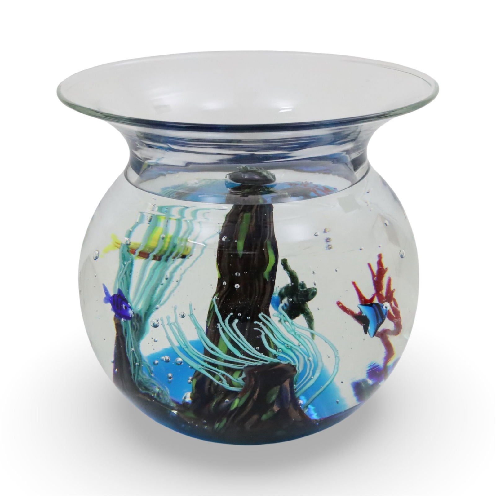 MURANO GLASS FISH AQUARIUM, ELIO RAFFAELLI: Oggetti Murano art glass fish bowl form aquarium by Elio Raffaelli, signed on reverse; 8"H 8.5"W 4"base