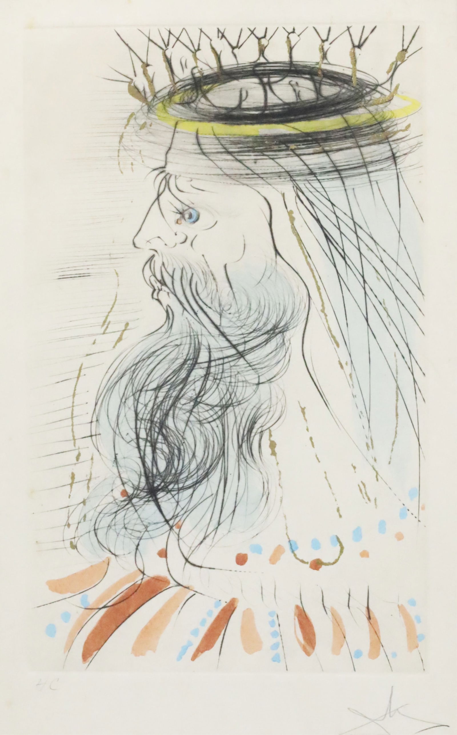 KING SOLOMON, AFTER SALVADOR DALI: Color etching on Arches paper of the work "King Solomon" from the Song of Songs of Solomon series by Salvador Dali (Spanish, 1904-1989) pencil signed and marked HC in margin, matted in contemporary fr