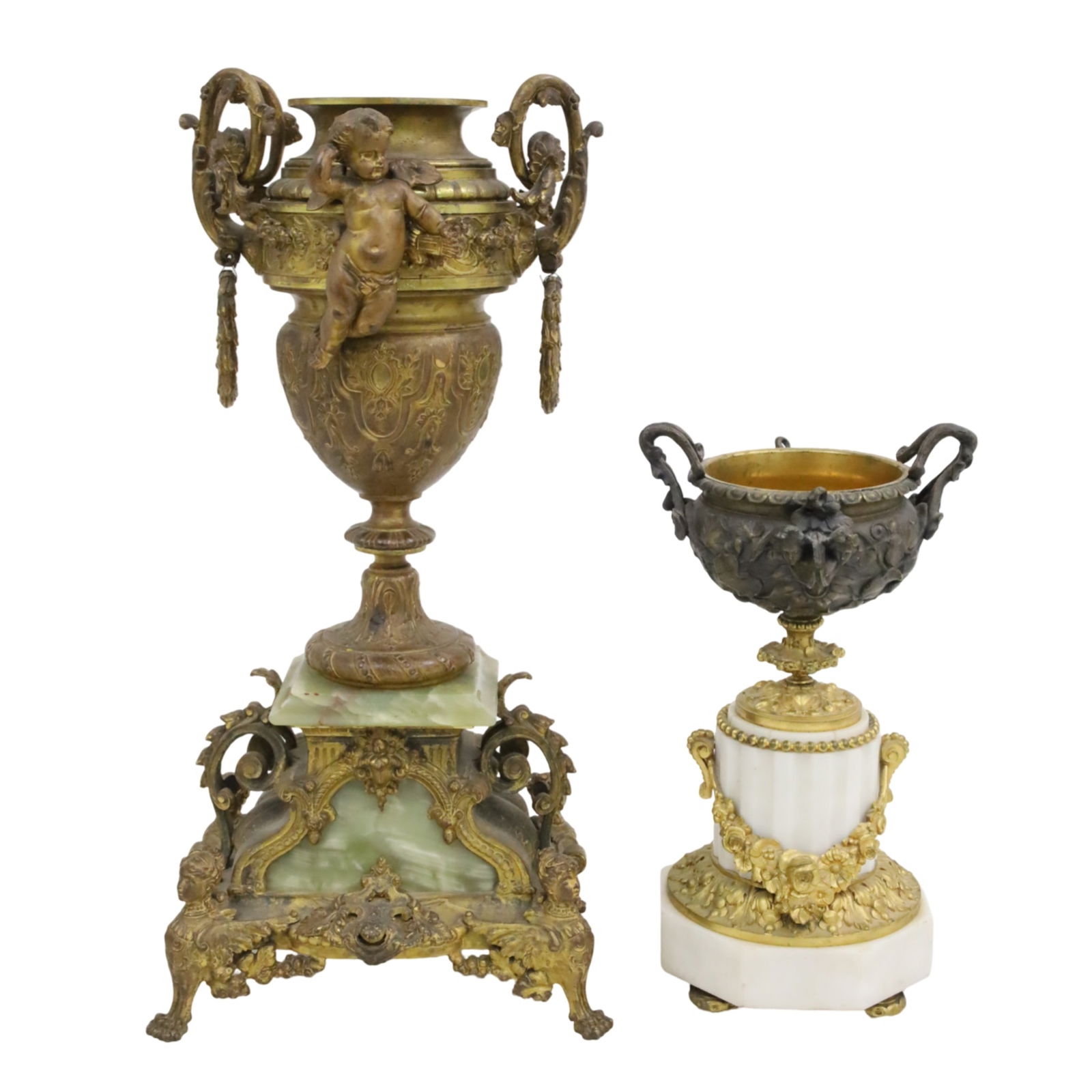 TWO FRENCH BRONZE MARBLE AND ONYX URNS (1 of 4)